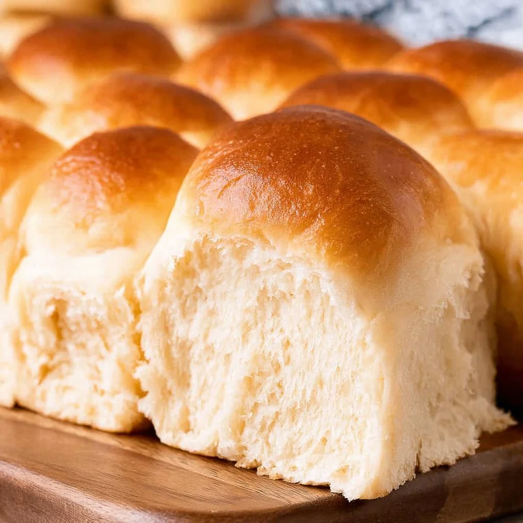 Freshly baked Parker House Rolls on a rustic wooden table
