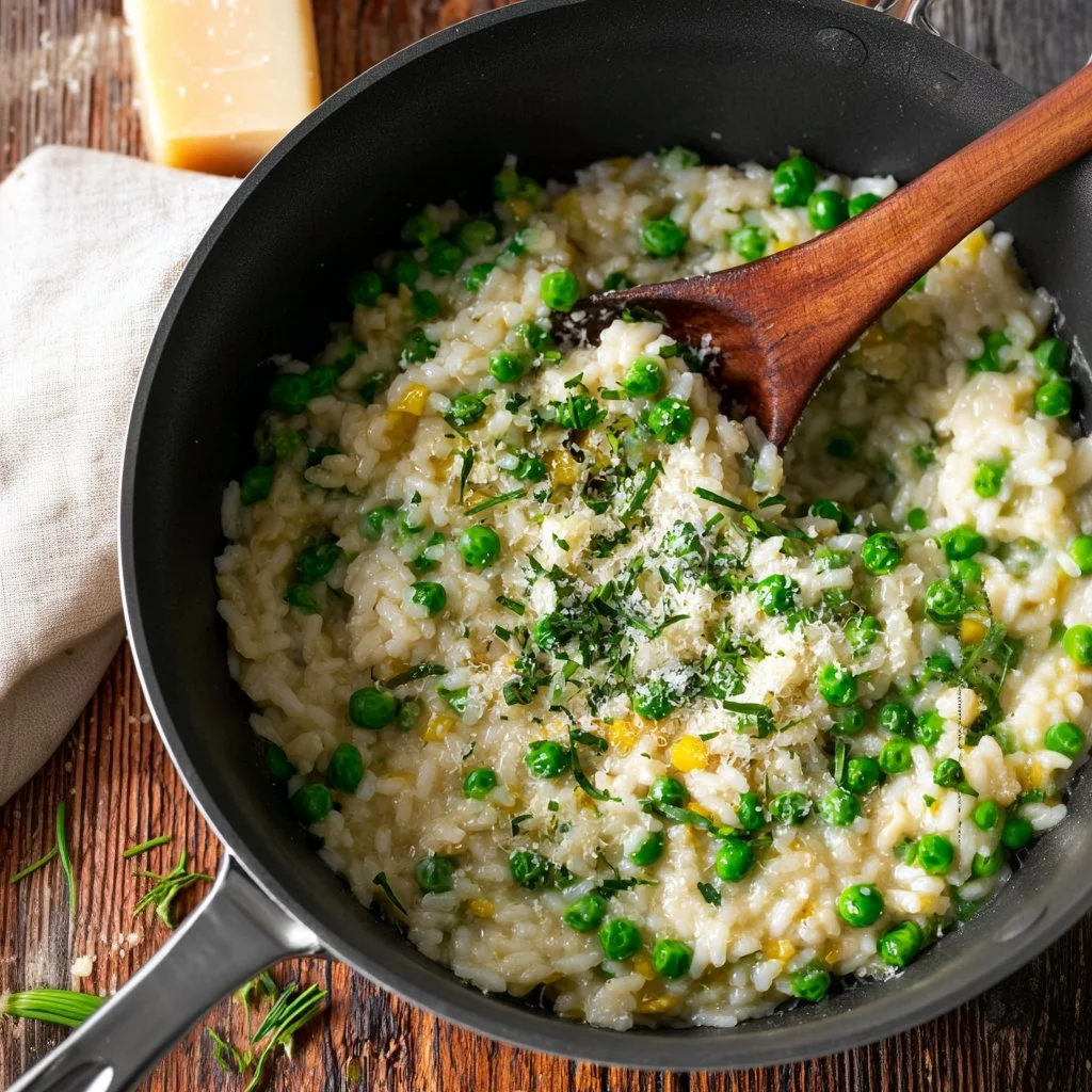 Creamy pea risotto garnished with fresh peas and herbs in a bowl
