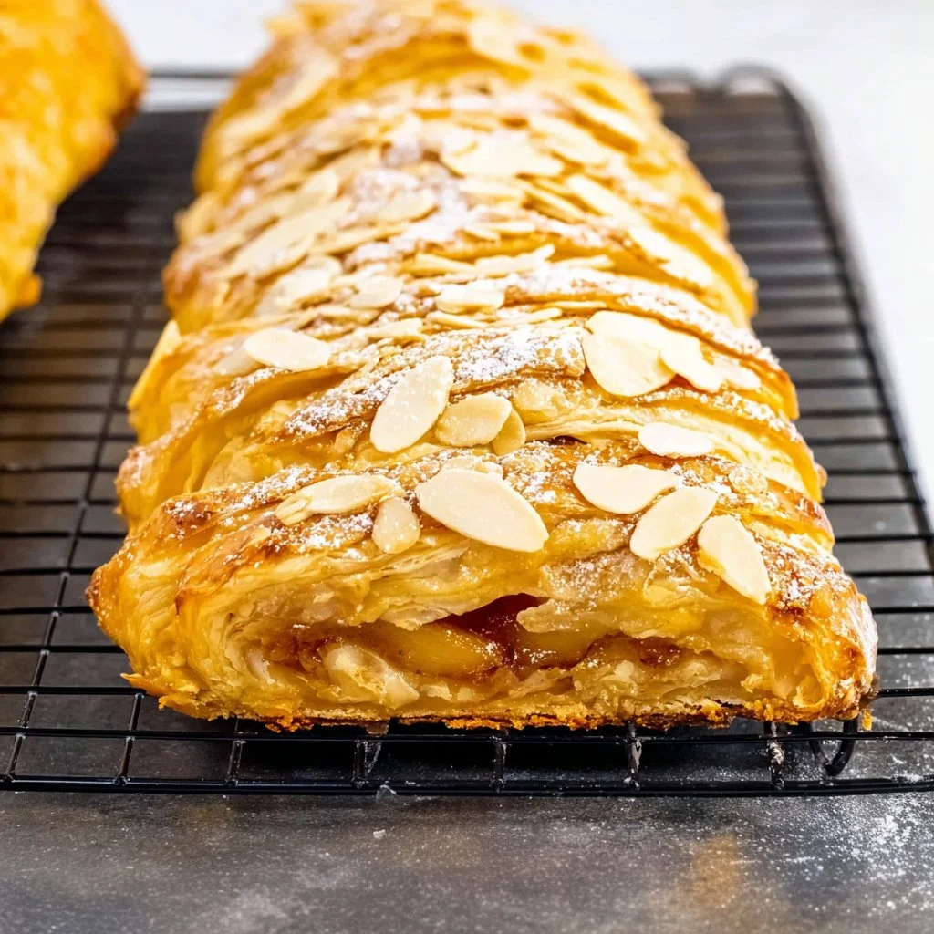 Homemade peach strudel with a flaky crust and juicy peach filling