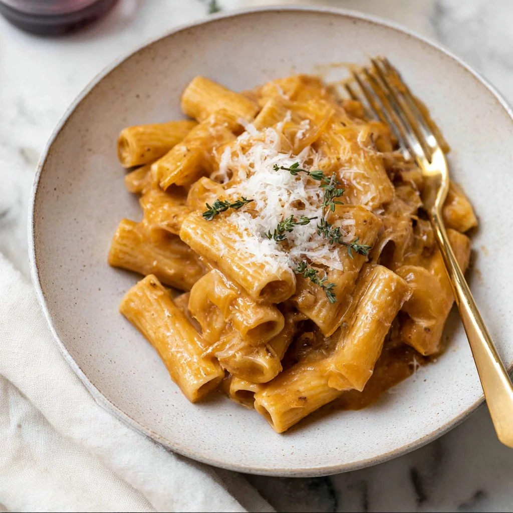 Delicious French Onion Pasta served in a bowl, topped with melted cheese and herbs.