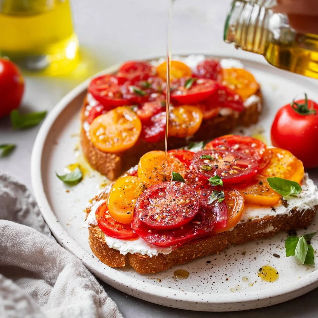 Deliciously prepared tomato toast topped with fresh herbs and spices.
