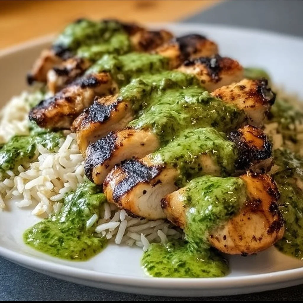 Delicious Peruvian chicken served with green chili sauce and cilantro rice
