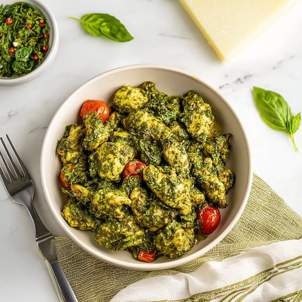 Pesto chicken skillet dish served in a pan, garnished with fresh basil and pine nuts.