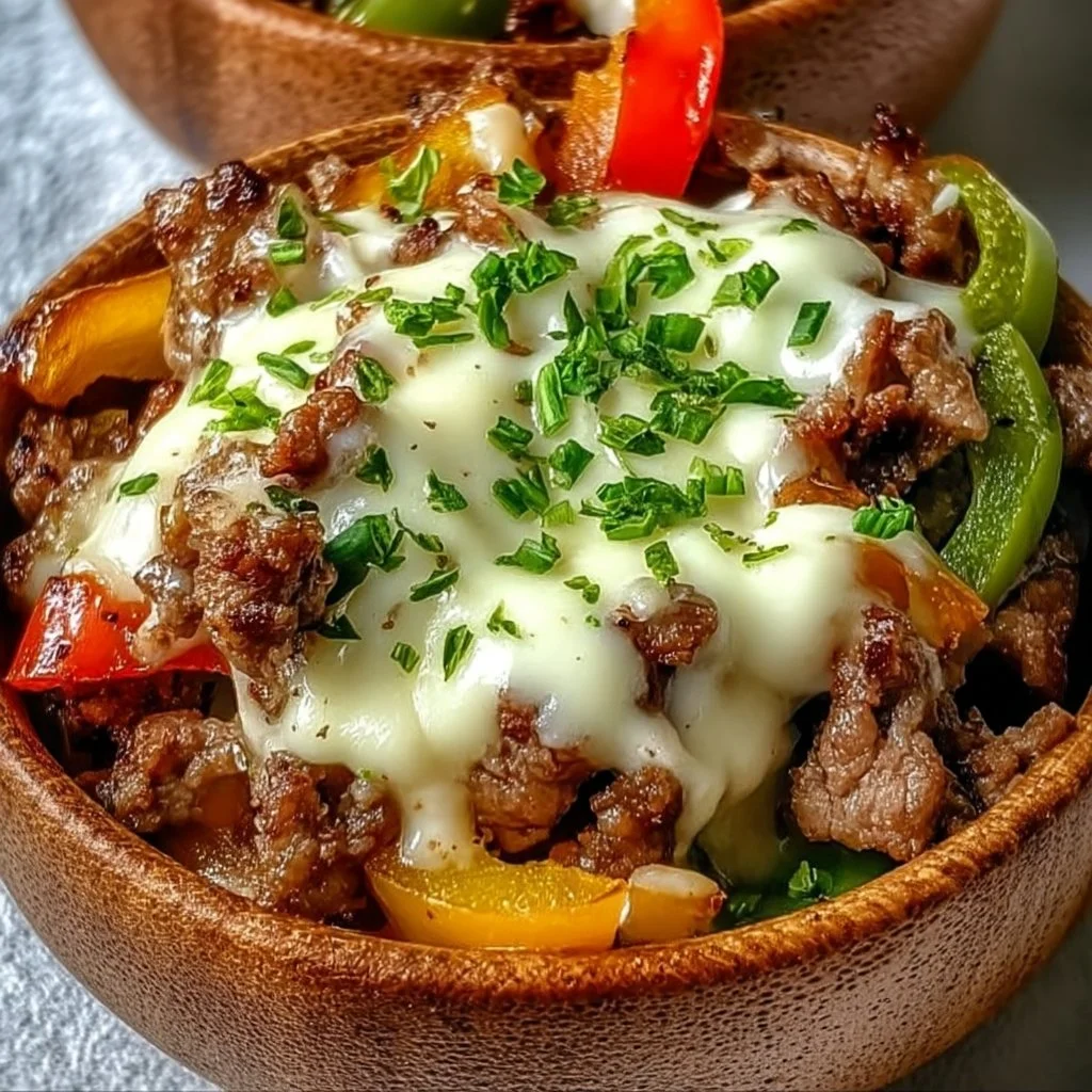 Delicious Philly Cheesesteak Bowl with low carb ingredients and toppings