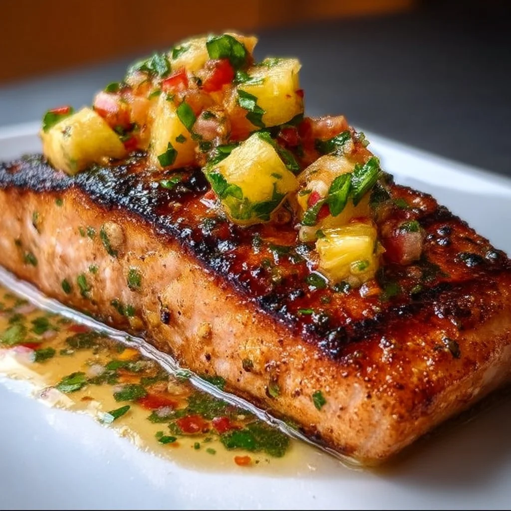 Delicious Pineapple Salmon dish garnished with fresh herbs and pineapple slices.