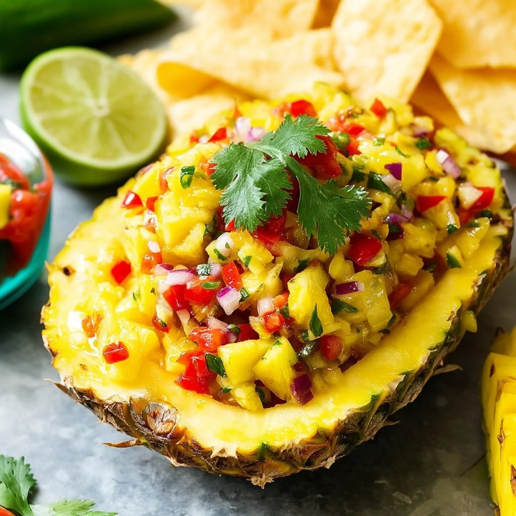 Colorful bowl of pineapple salsa with fresh ingredients on a wooden table