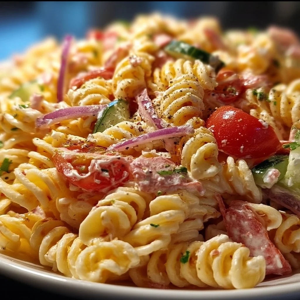 Bright and colorful Pink Cadillac Pasta Salad served in a bowl.
