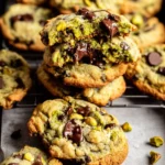 Pistachio Chocolate Chip Cookies on a cooling rack, showcasing their delightful texture.