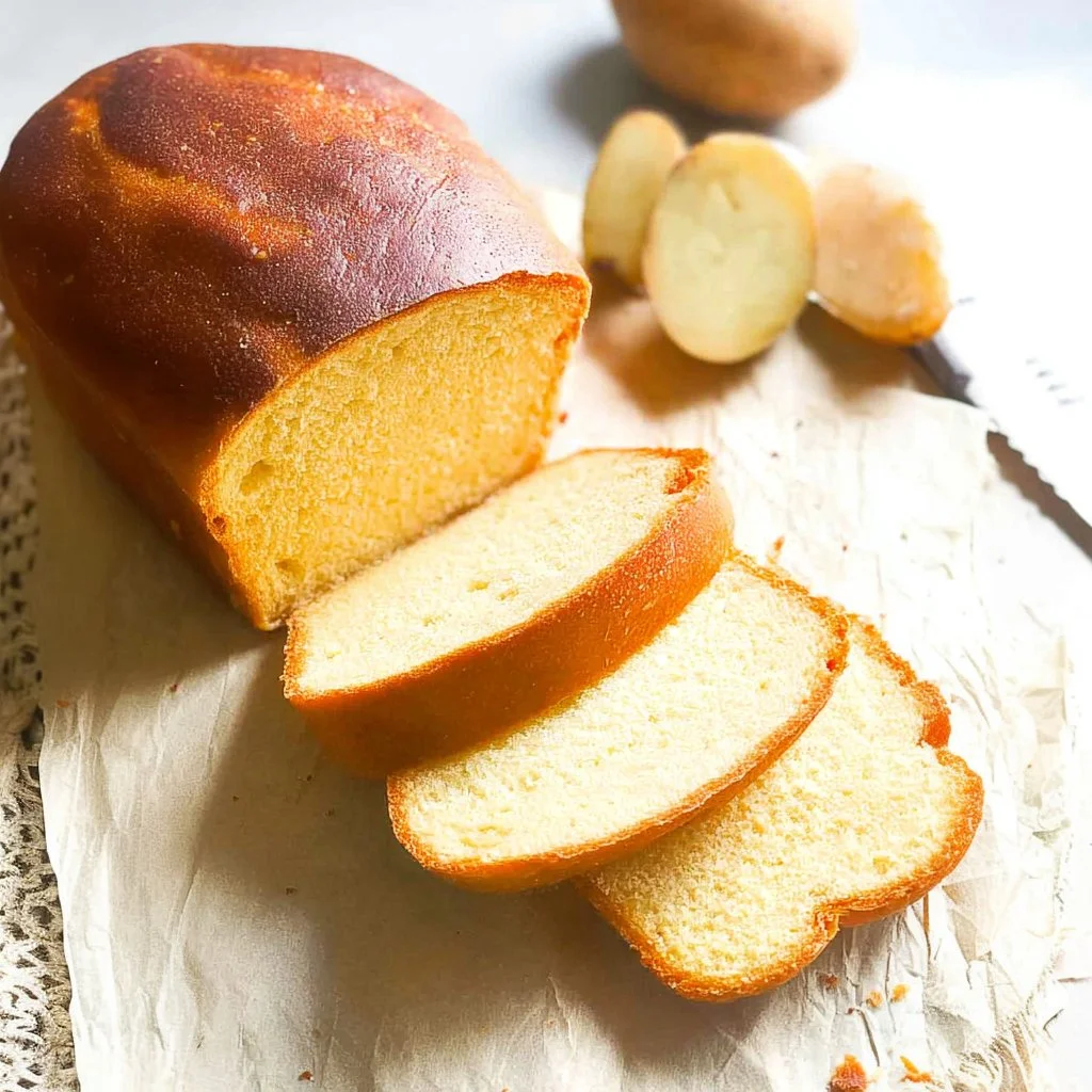Freshly baked Potato Bread loaf, golden brown and soft, perfect for comfort food.