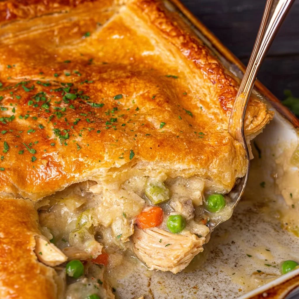 Golden puff pastry chicken pot pie with vegetables and herbs
