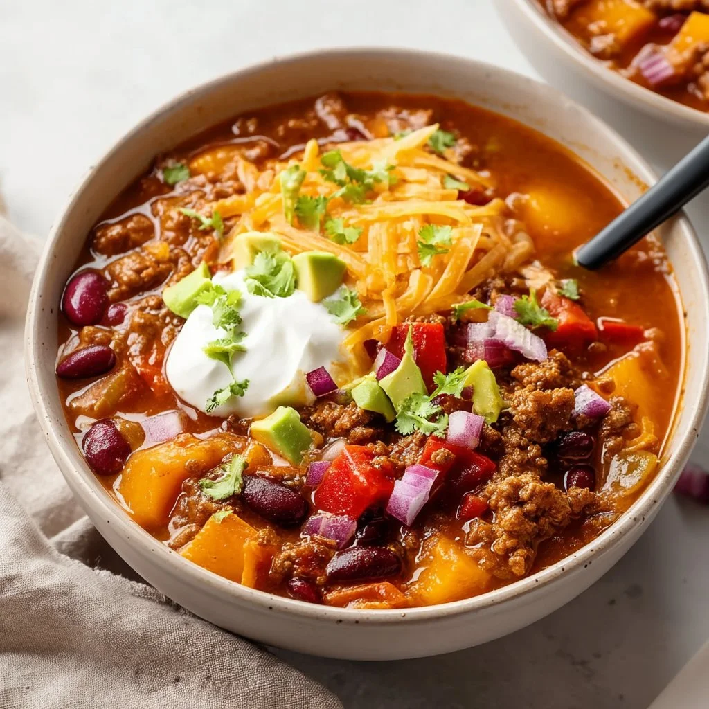 Bowl of Pumpkin Chili with Ground Beef garnished with herbs and spices