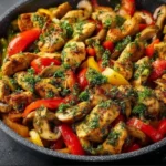 Healthy chicken skillet dish with colorful vegetables in a frying pan