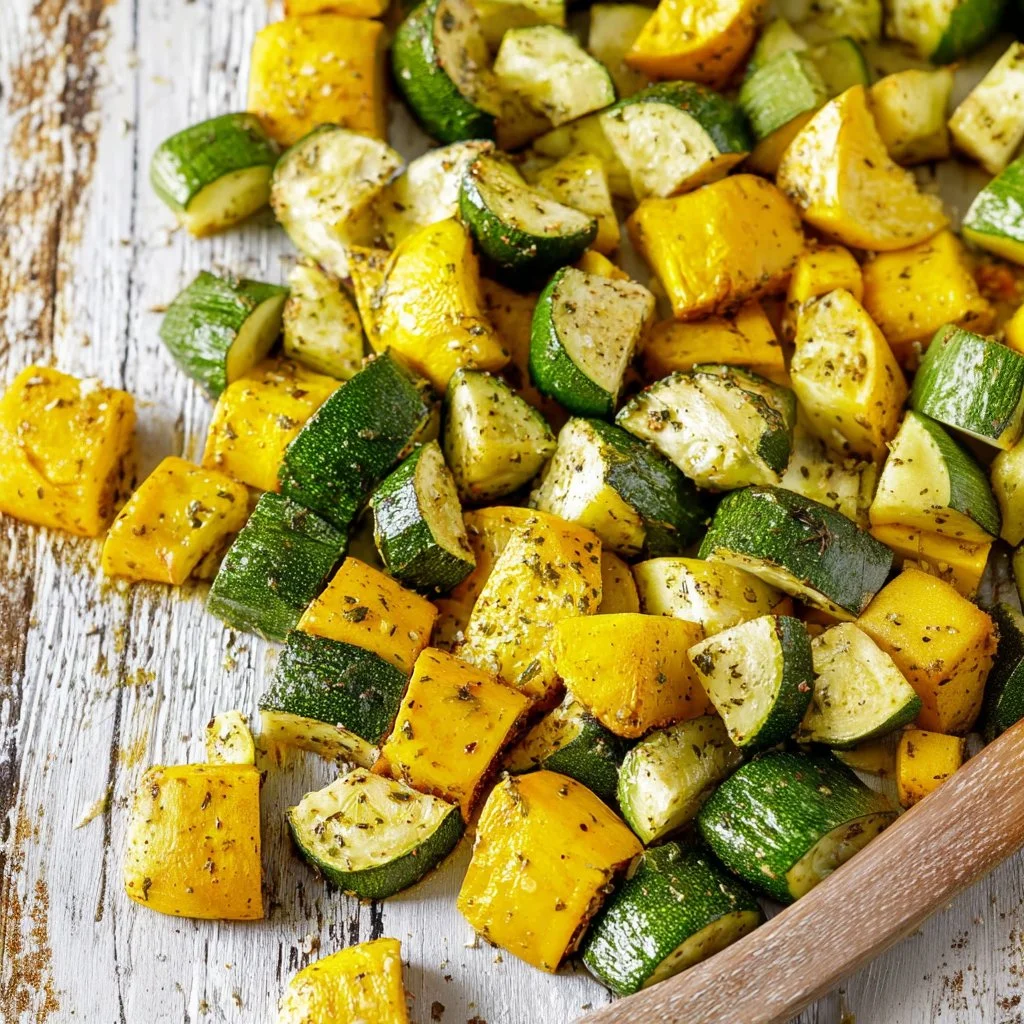Plate of roasted zucchini and squash garnished with herbs