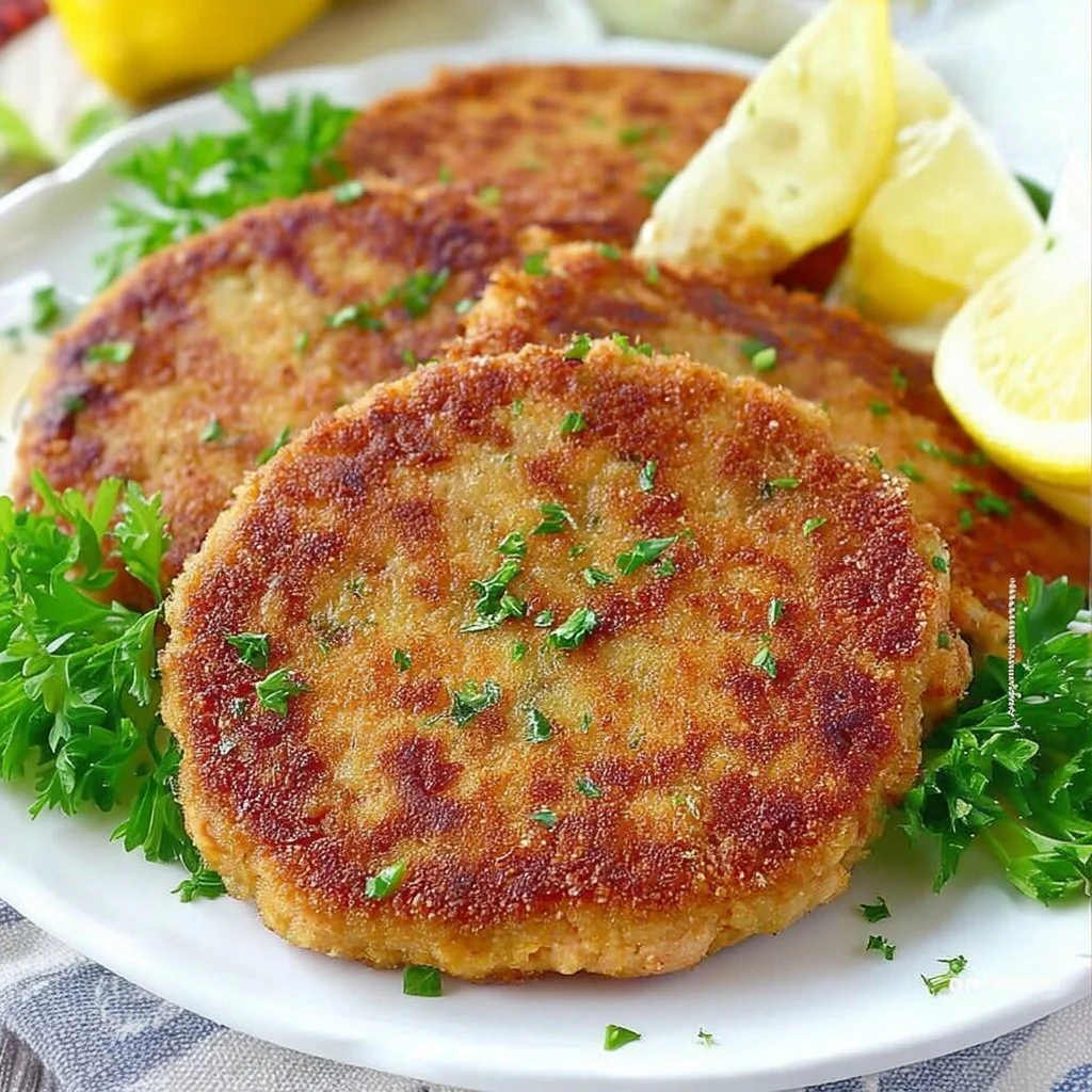 Delicious salmon patties on a plate, evoking comfort and nostalgia.