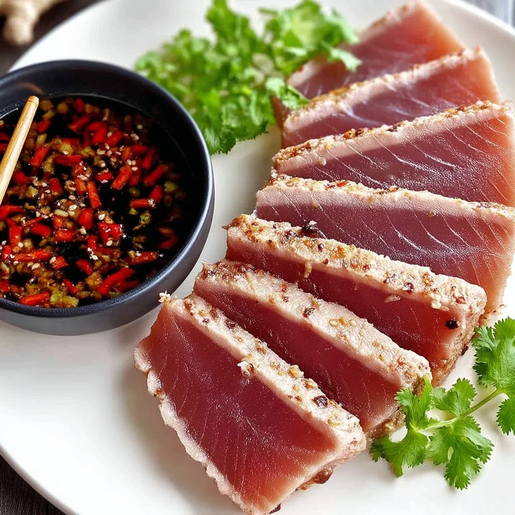 Seared tuna steak served with a delicious dipping sauce