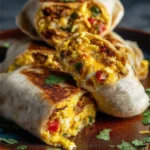 Sheet pan breakfast burritos with roasted vegetables and cheesy eggs.
