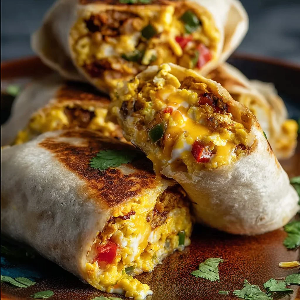 Sheet pan breakfast burritos with roasted vegetables and cheesy eggs.