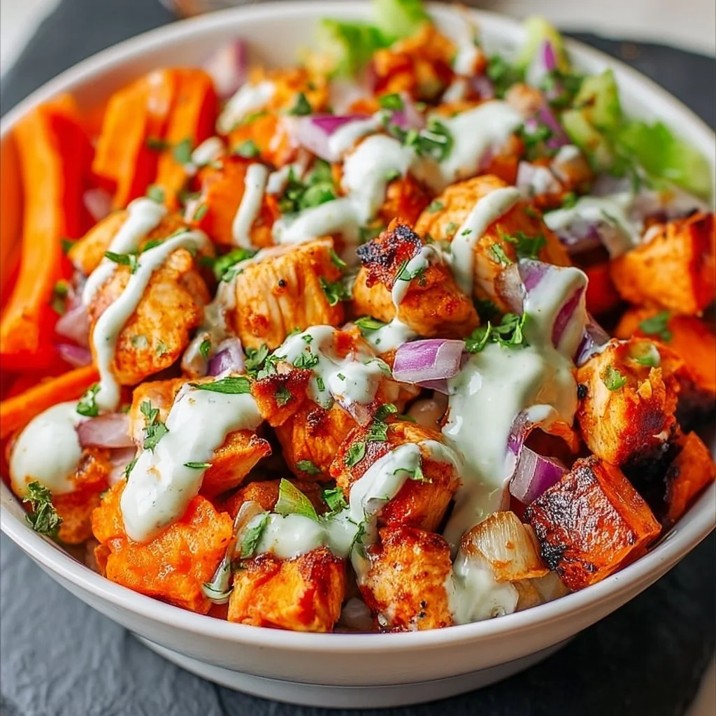 Sheet pan with Buffalo chicken and sweet potato bowls ready to serve