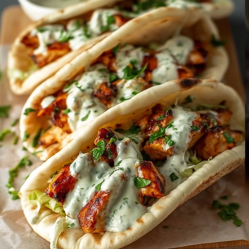 Sheet pan chicken pitas served with herby ranch dressing on a plate