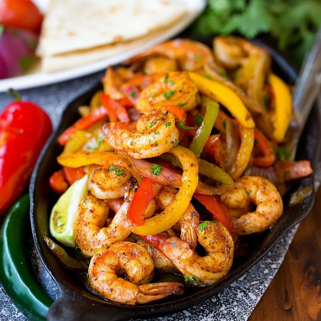 Colorful shrimp fajitas served with peppers and onions on a plate