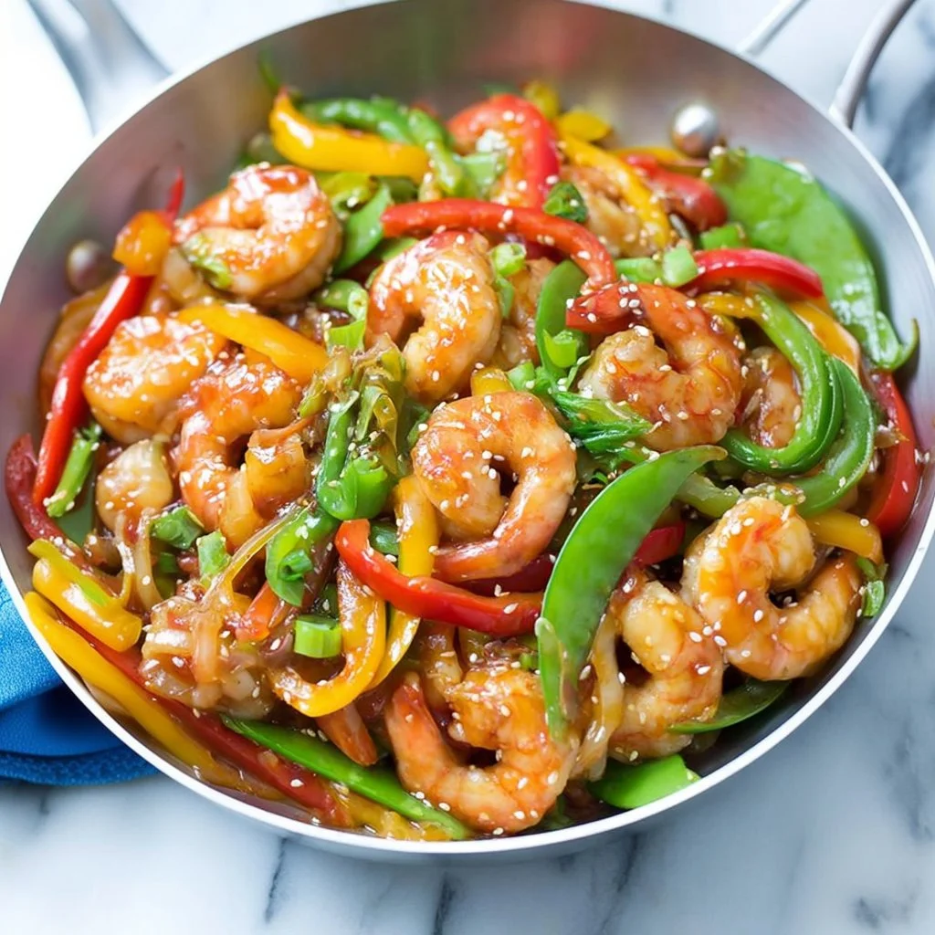 colorful shrimp stir fry with vegetables in a pan ready to serve