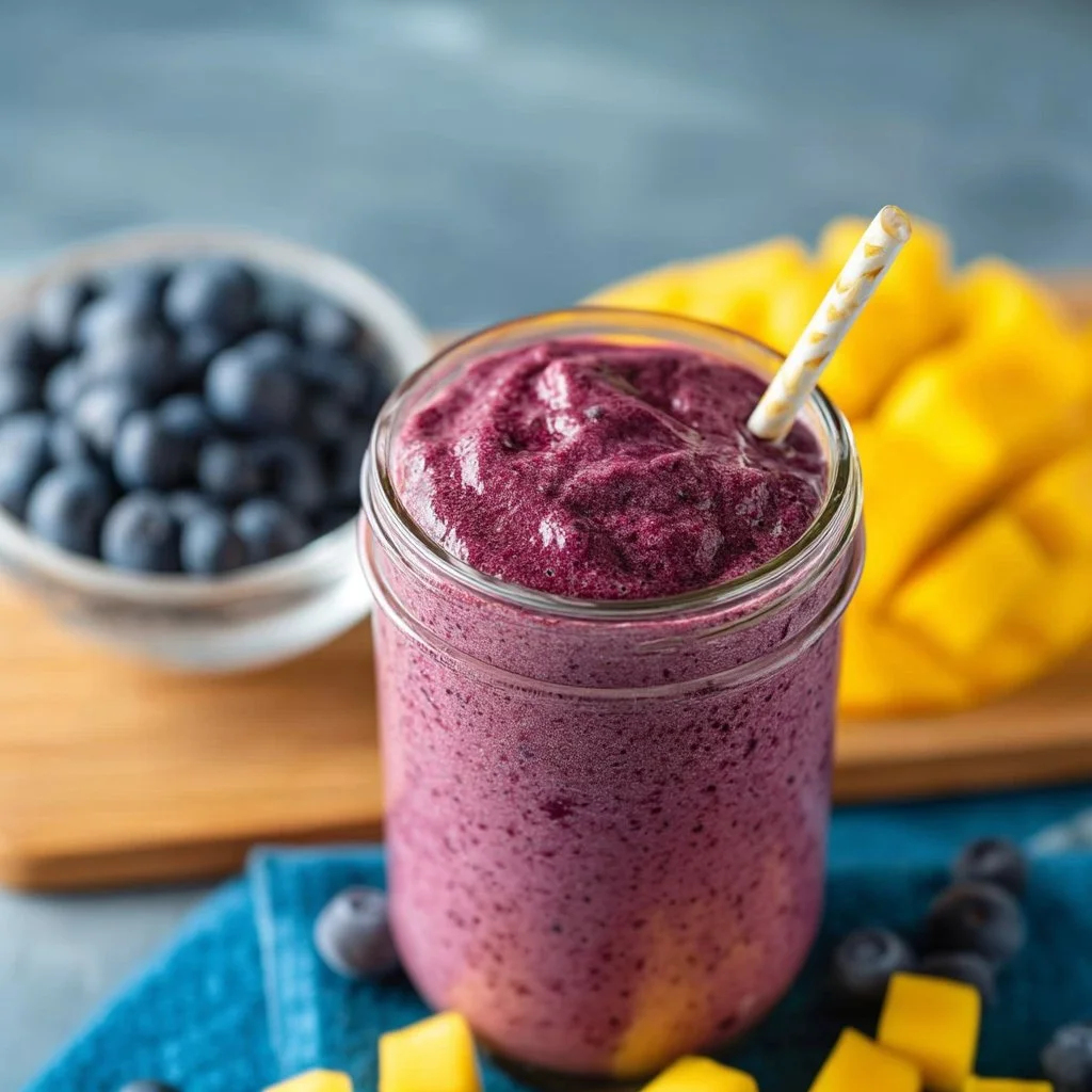 Delicious mango blueberry smoothie in a glass with fresh fruit on the side