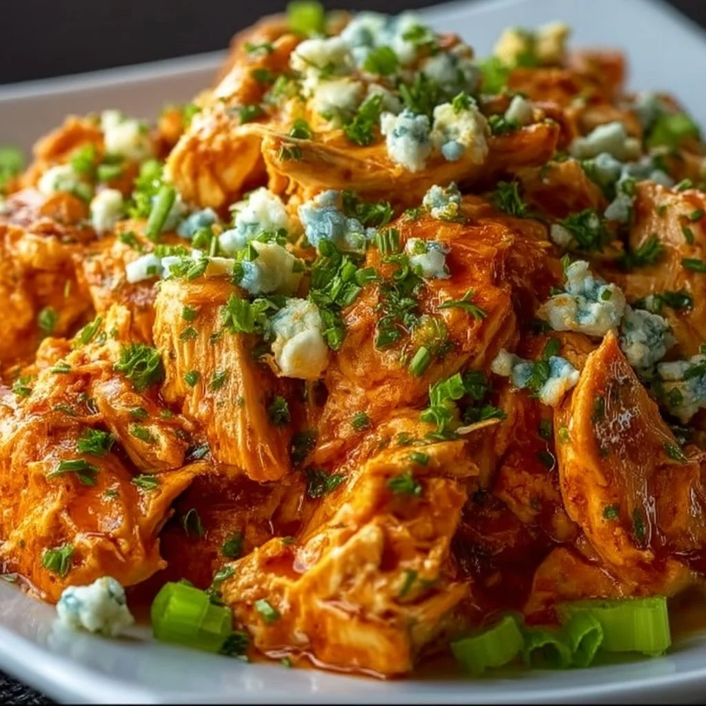 Plate of slow cooker buffalo chicken served with celery and blue cheese dressing