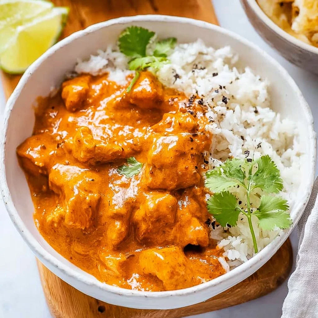 Creamy dairy-free slow cooker chicken curry in a bowl with spices