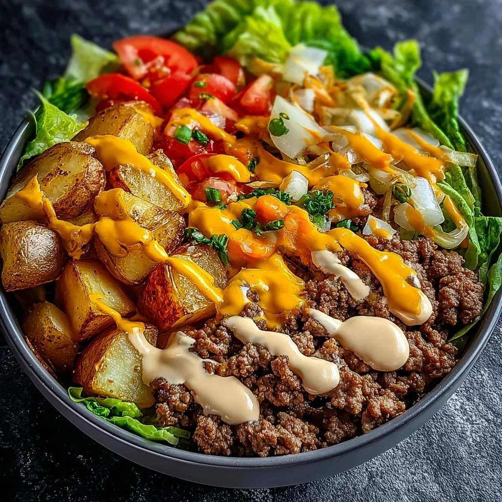 Smash Burger Bowl with fresh ingredients and toppings