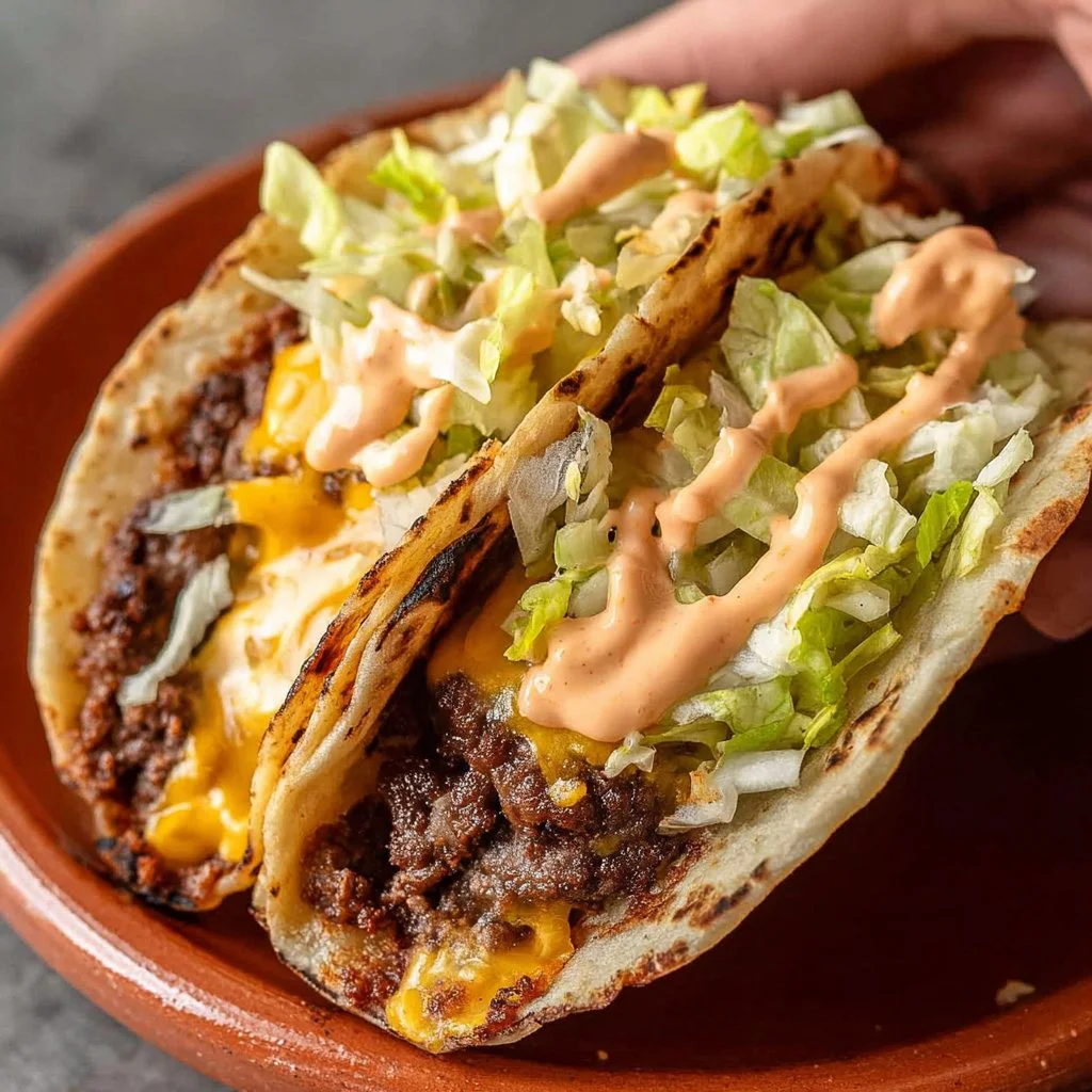 Smash burger tacos served on a plate, showcasing a delightful fusion of flavors.