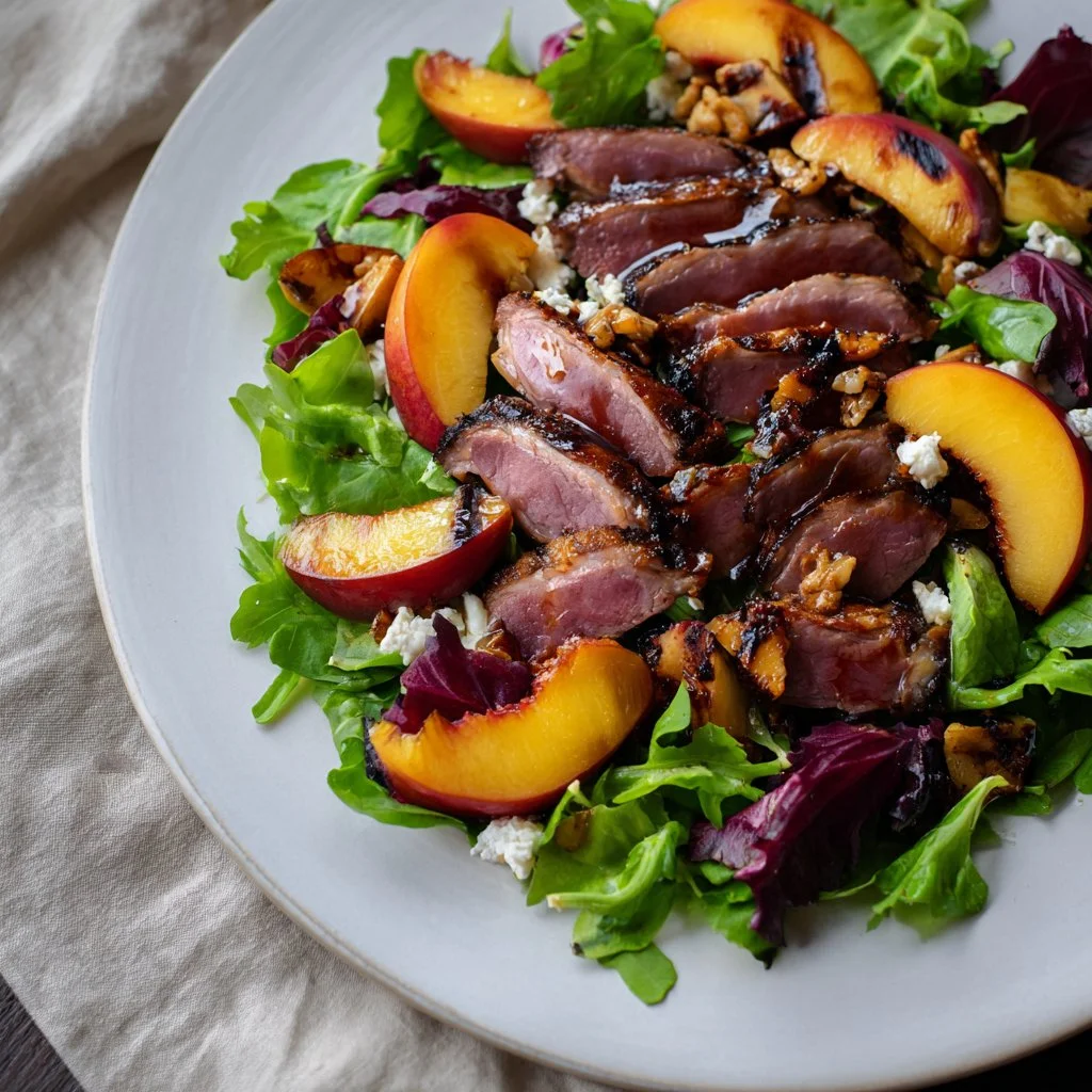 Smoked duck salad with grilled peaches and fresh greens on a decorative plate
