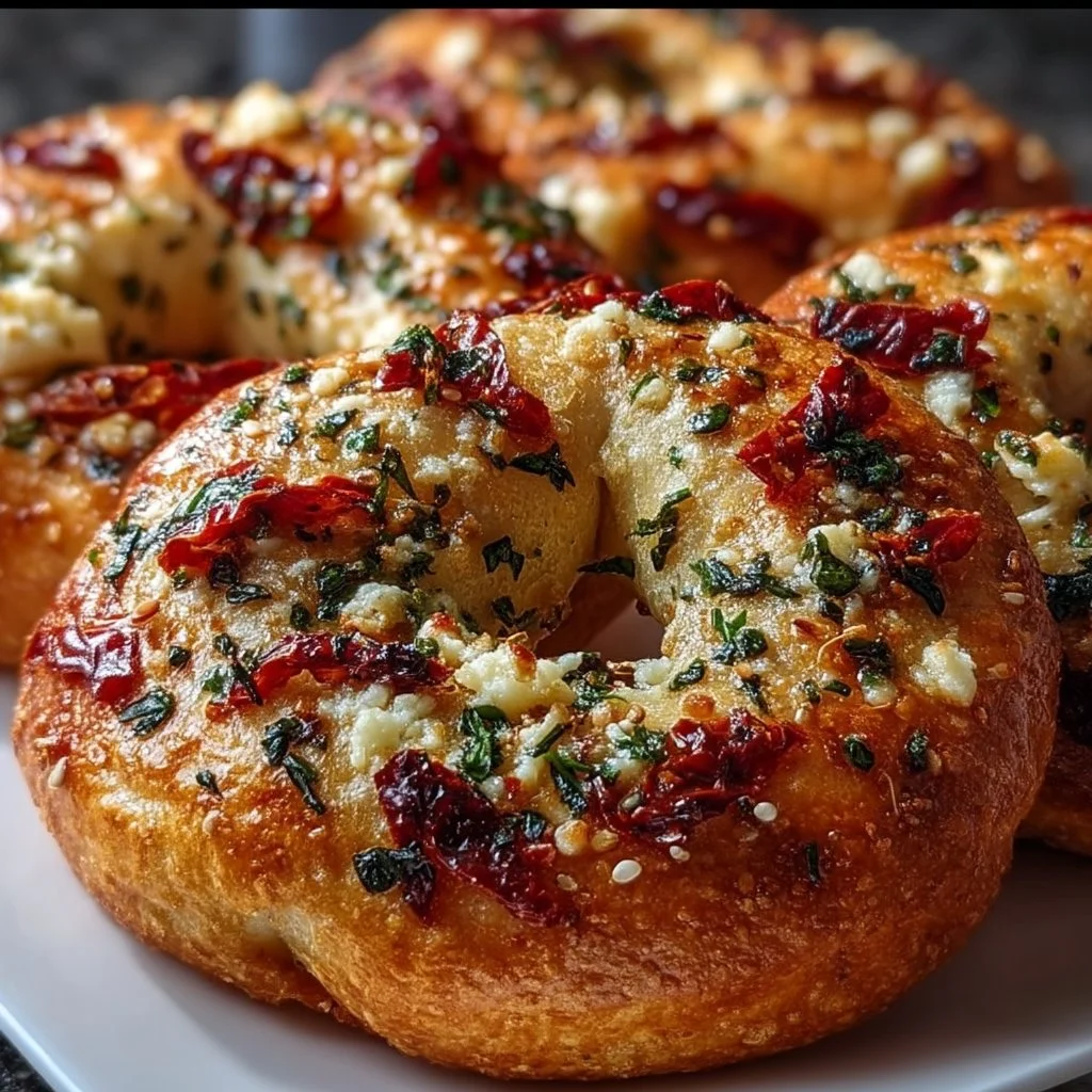 Sourdough bagels with sun-dried tomatoes, herbs, and cheese on a wooden table