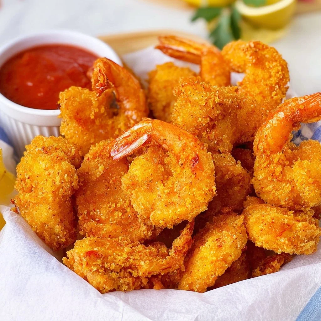 Plate of crispy Southern fried shrimp served with dipping sauce