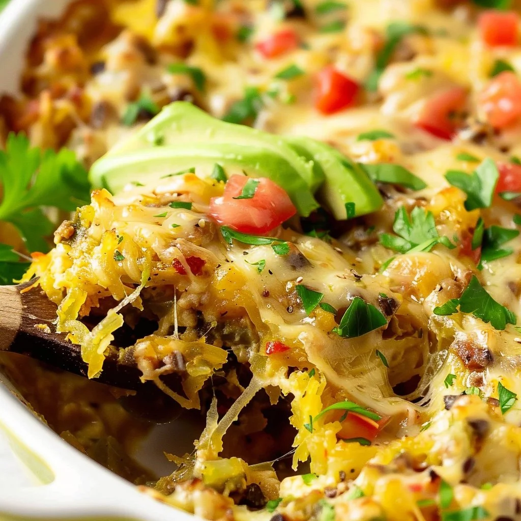 Baked Spaghetti Squash Casserole topped with cheese and herbs