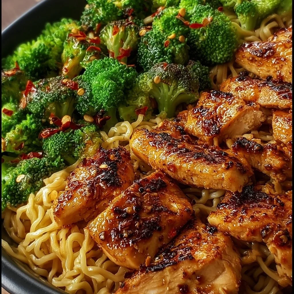 Spicy Garlic Chicken Broccoli Noodle Bowl with fresh ingredients