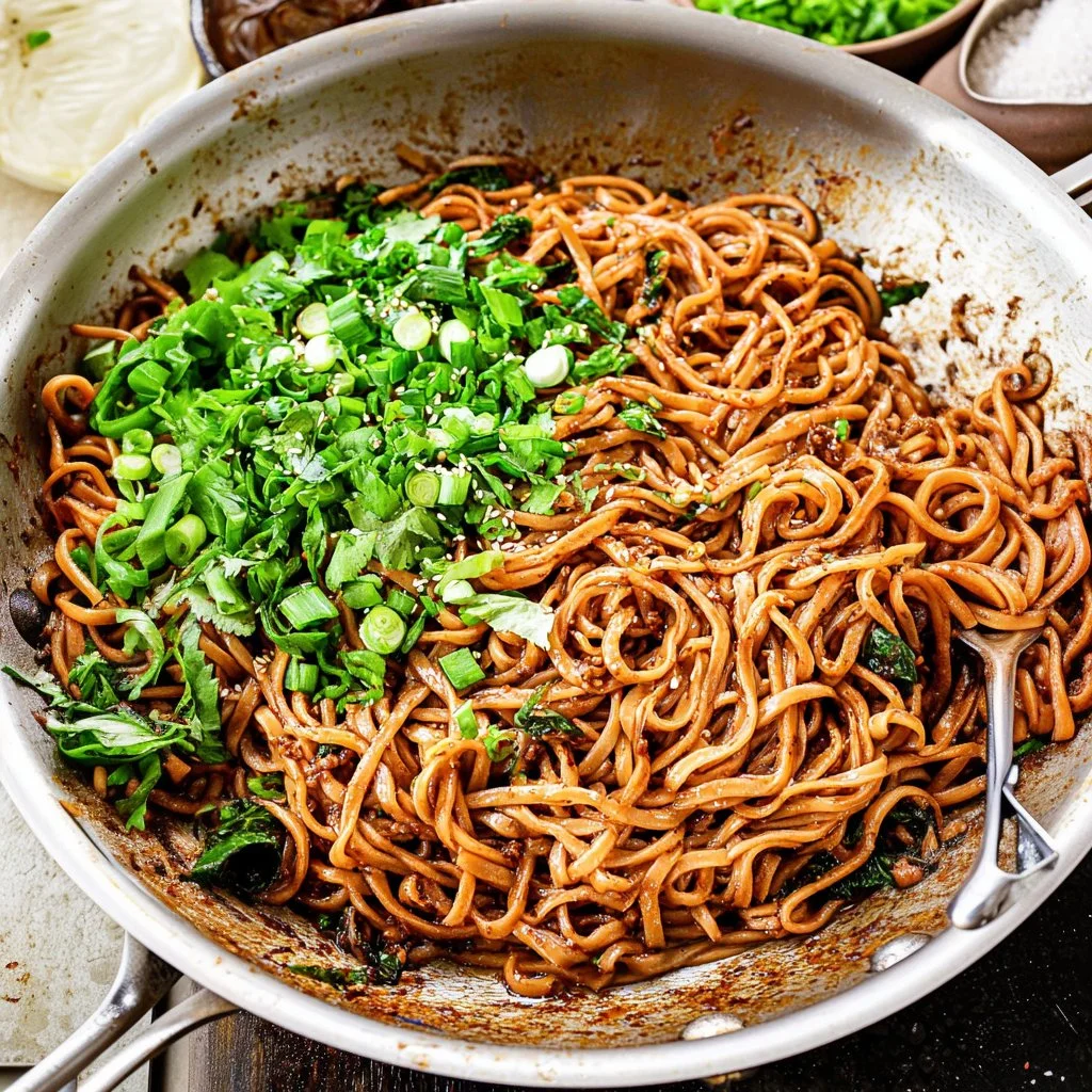 Bowl of delicious spicy noodles with colorful veggies and herbs