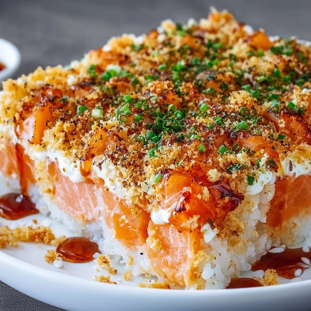 Baked spicy salmon sushi dish served in a casserole dish with toppings.
