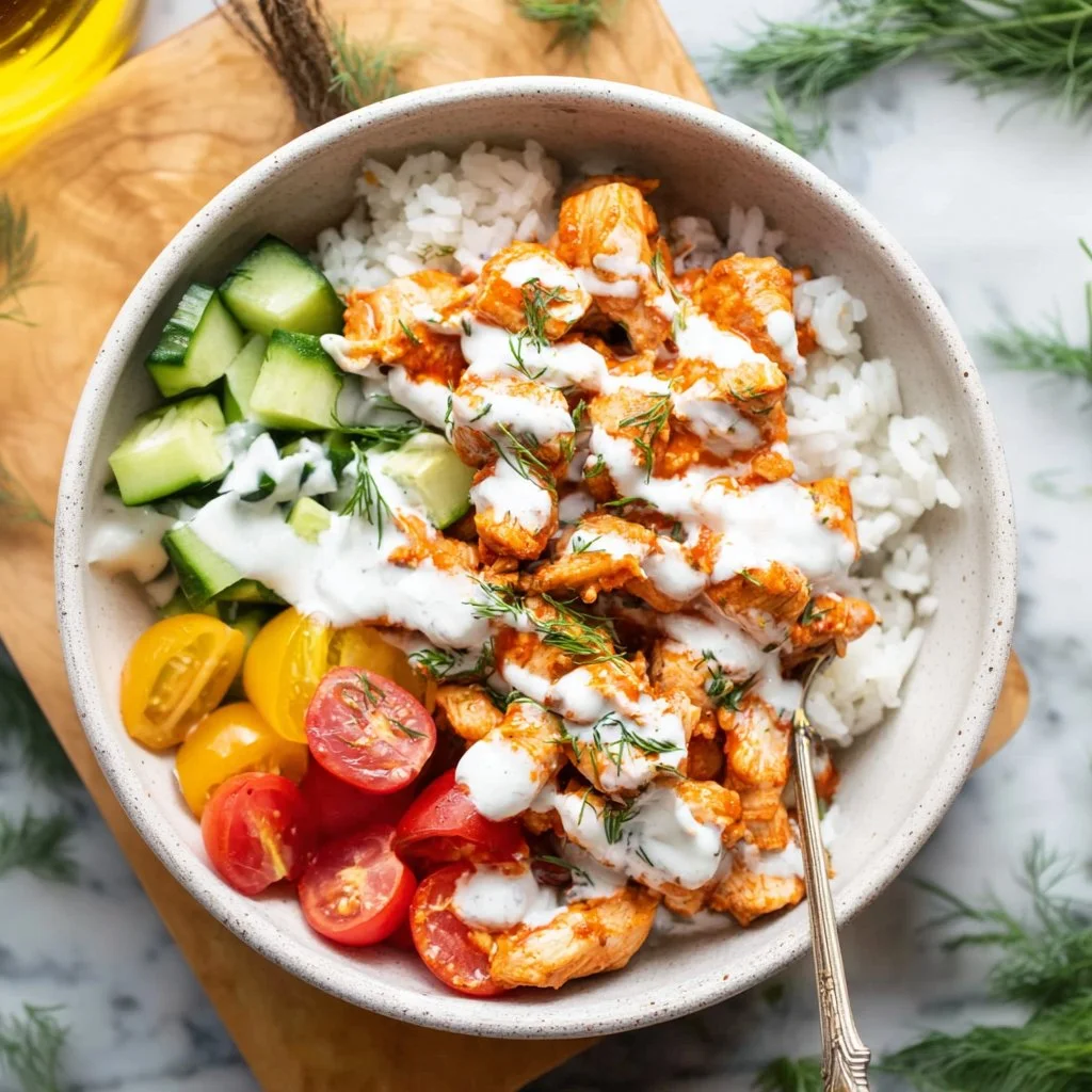 Delicious Sriracha Ranch Chicken Bowls topped with fresh ingredients and sauce.