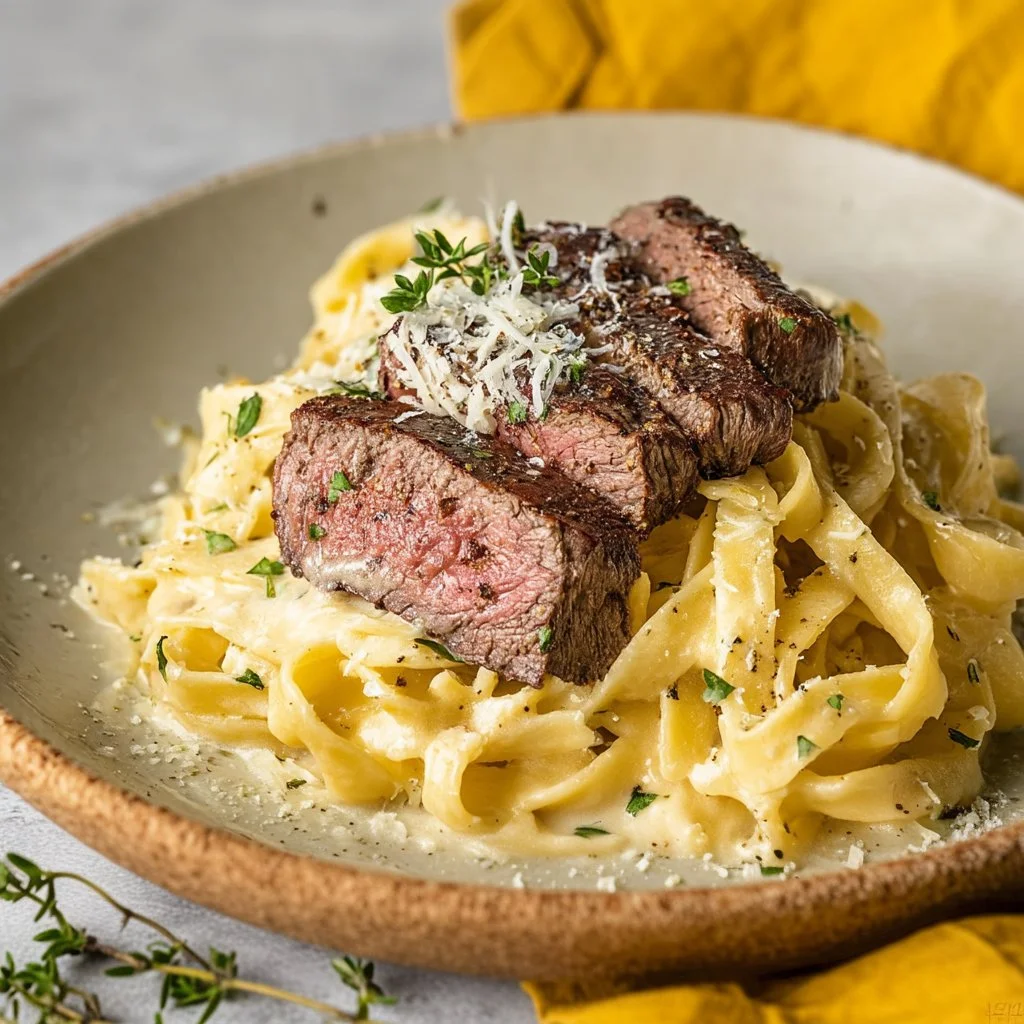 Creamy Steak Alfredo dish with succulent steak slices and fettuccine pasta.