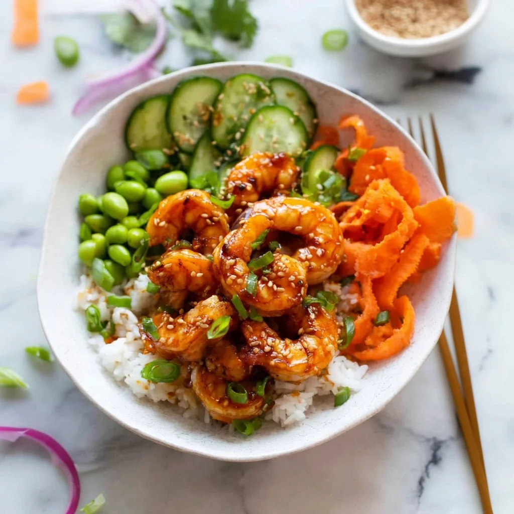 Delicious sticky garlic sesame shrimp bowls garnished with fresh vegetables