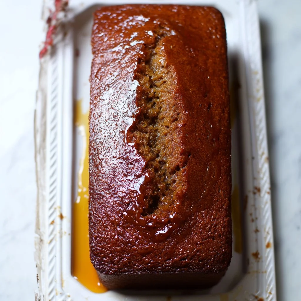 Slice of sticky ginger loaf cake topped with ginger syrup on a wooden table