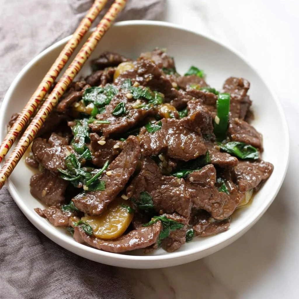 Stir fry beef with ginger and scallions cooked in a hot skillet