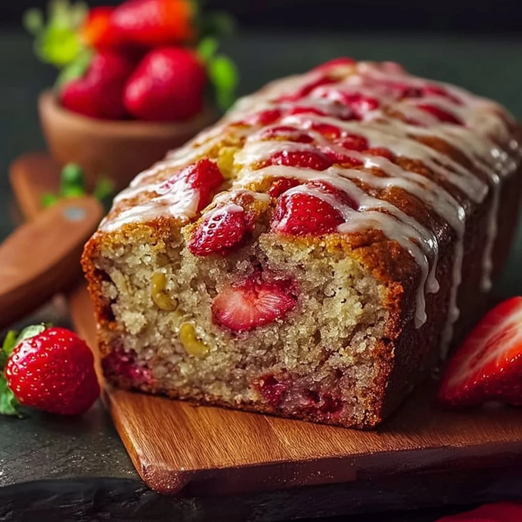 Loaf of freshly baked strawberry banana bread with slices cut