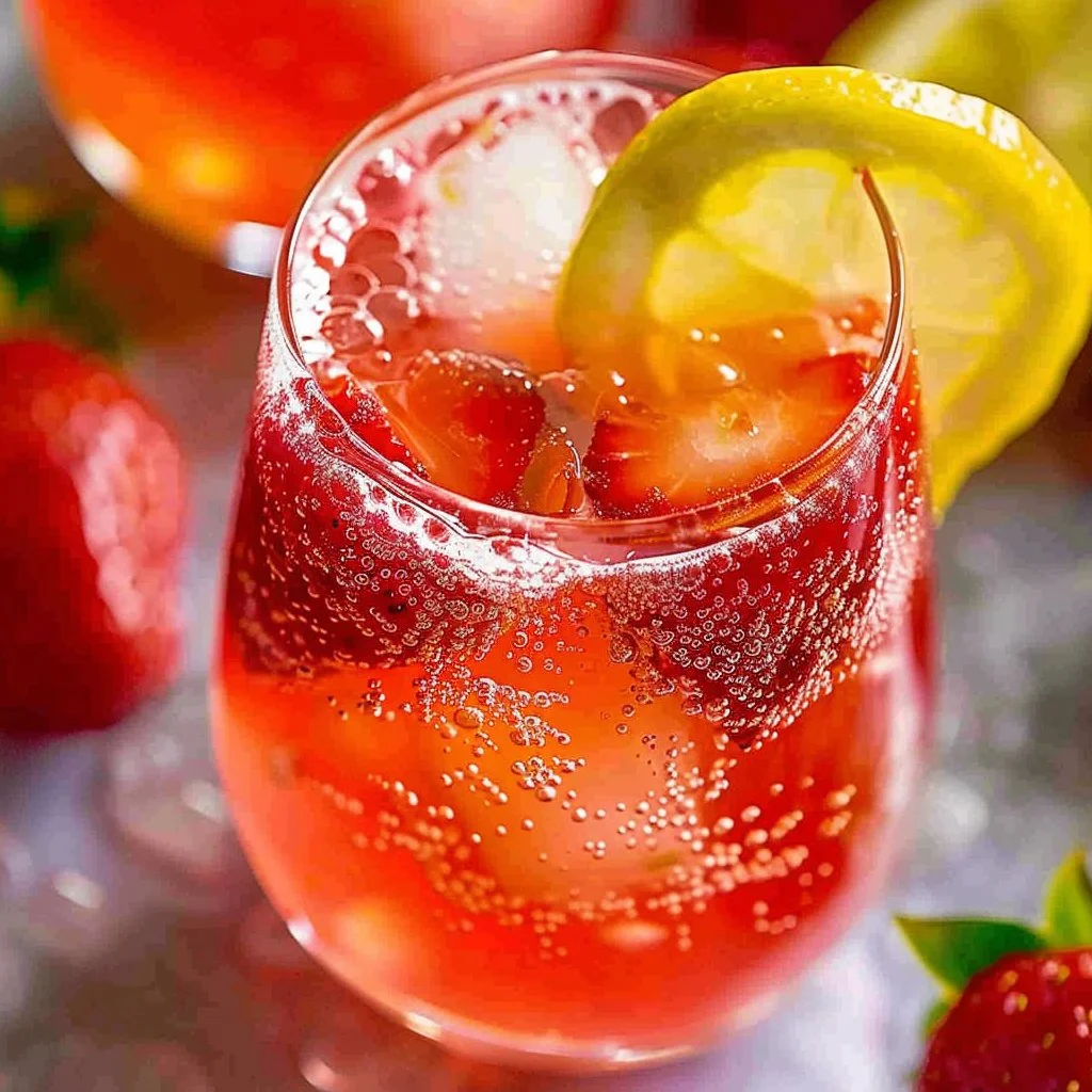 Glass of refreshing strawberry lemonade with fresh strawberries and lemon slices