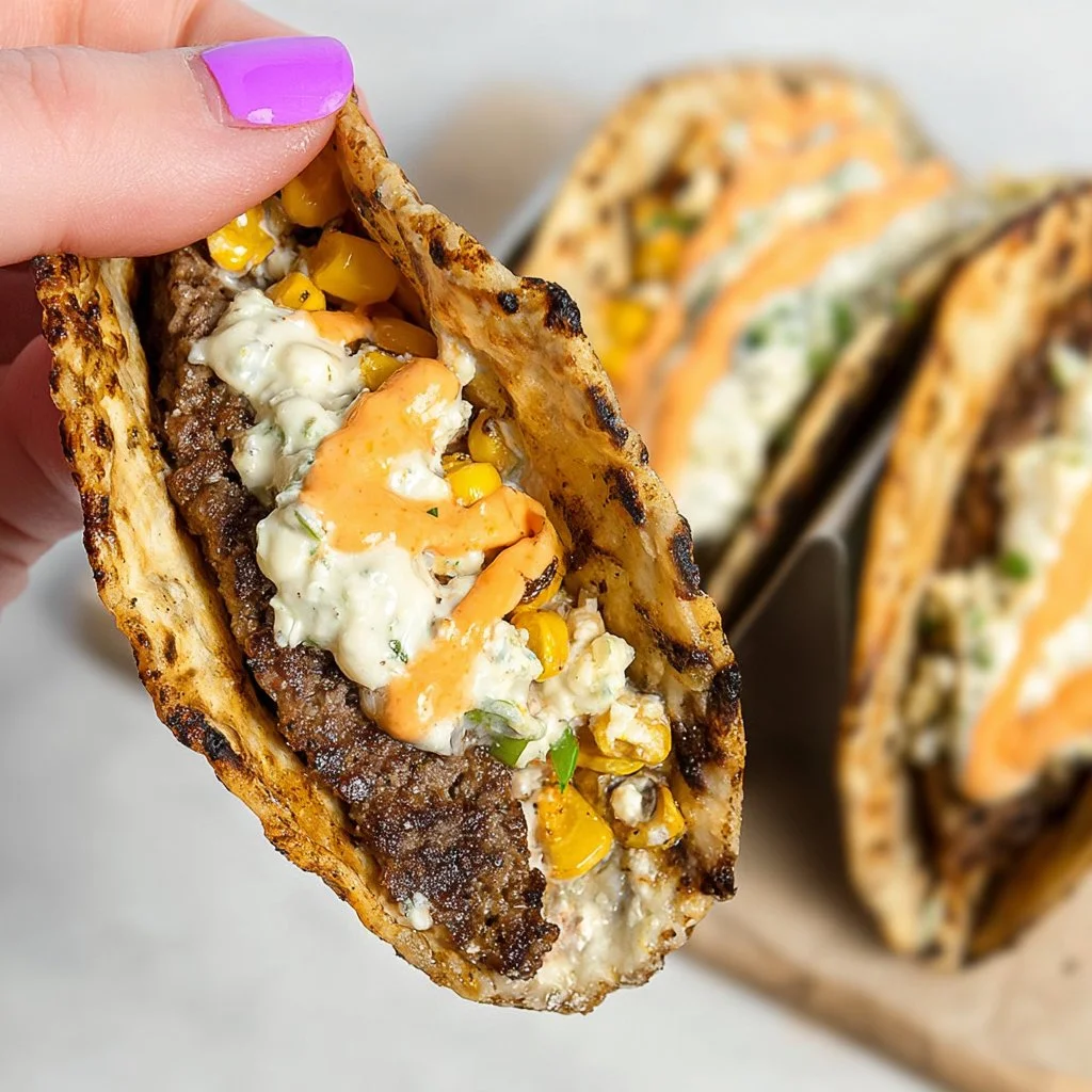Delicious Street Corn Smash Burger Tacos served on a plate
