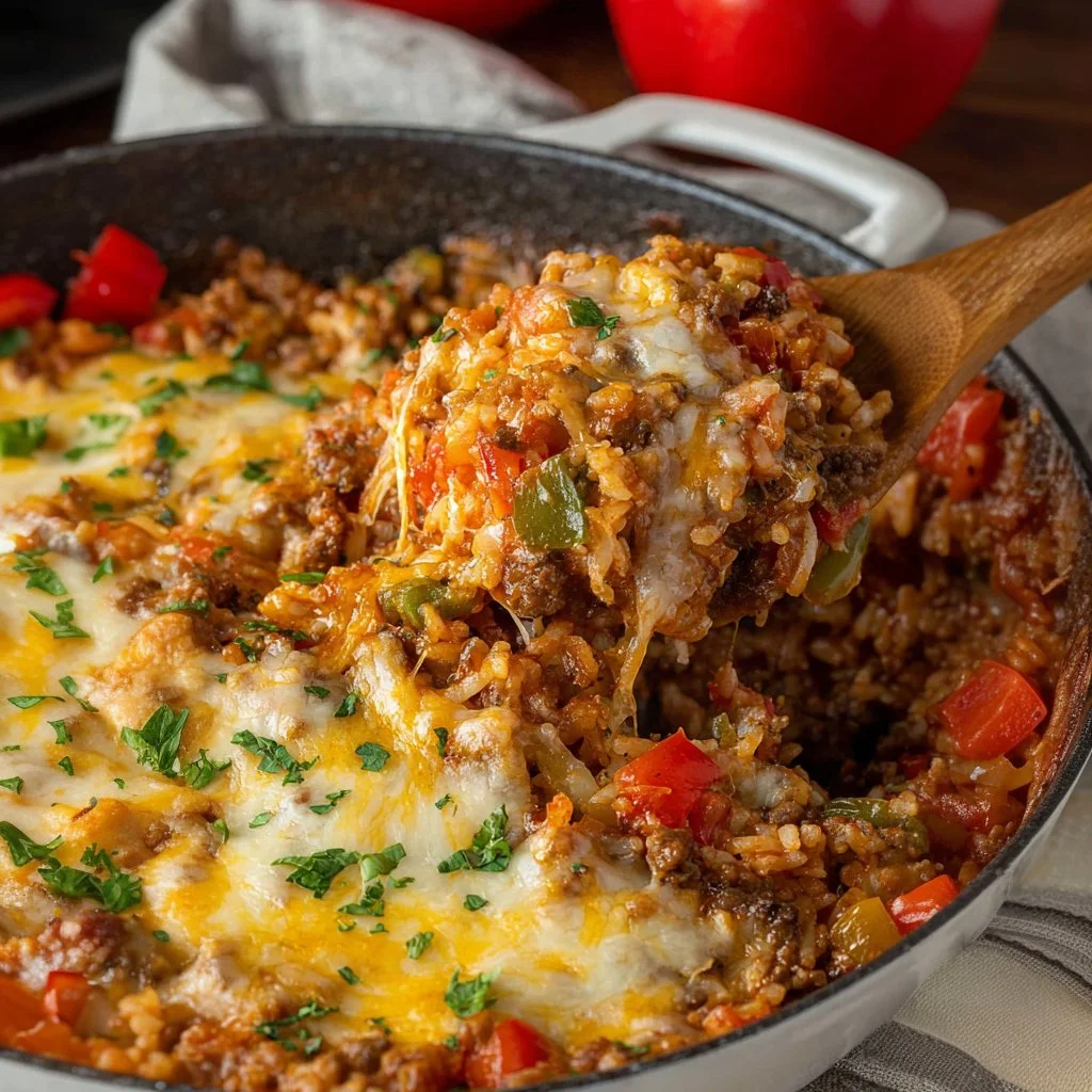 Delicious stuffed pepper casserole dish with colorful peppers and rice