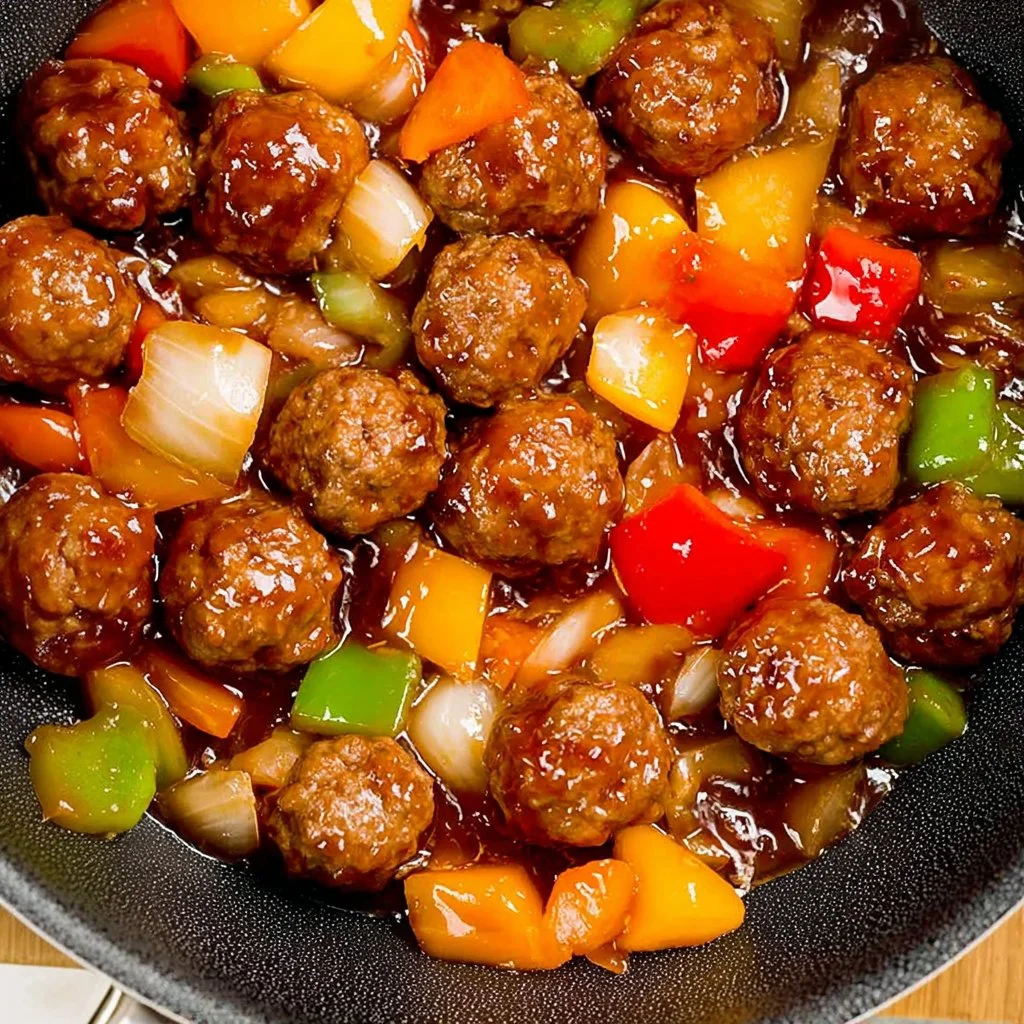 Plate of sweet and sour meatballs drizzled with sauce and garnished with green onions