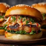 Delicious Sweet & Spicy Korean Chicken Burgers with toppings on a plate.