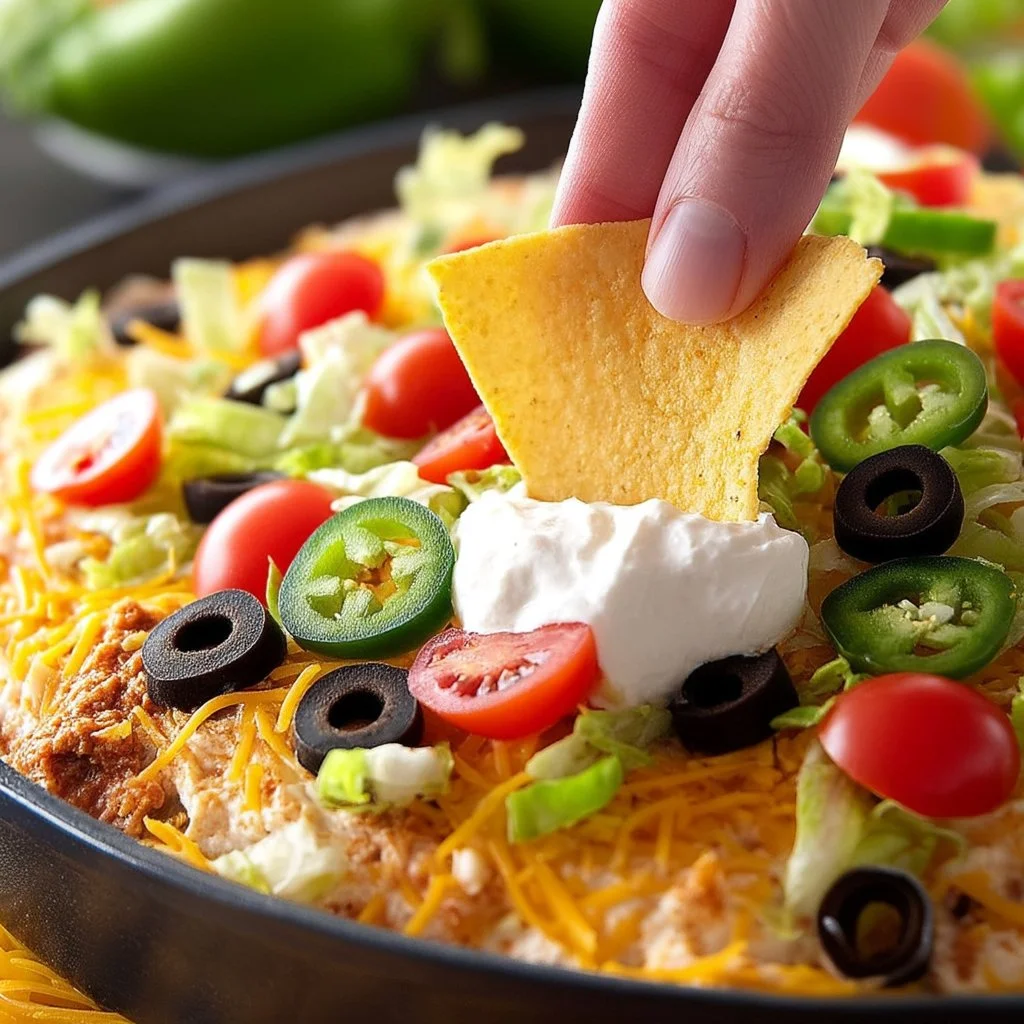 Delicious Taco Dip with cream cheese served in a bowl with tortilla chips
