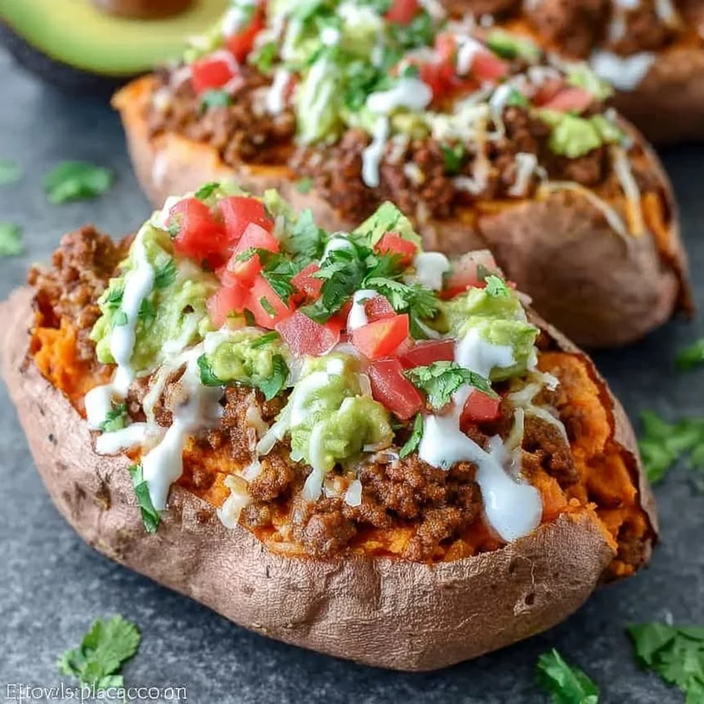Taco Stuffed Sweet Potatoes topped with fresh ingredients and spices